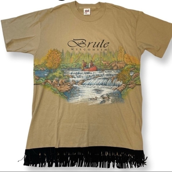 𝅺Vintage Graphic Brule Wisconsin Tee Shirt With Black Fringe Size Large - Picture 1 of 5